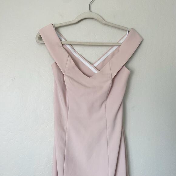 Dessy Off-The-Shoulder Criss Cross Back Trumpet Bridesmaid Gown in Blush Pink - Picture 5 of 9